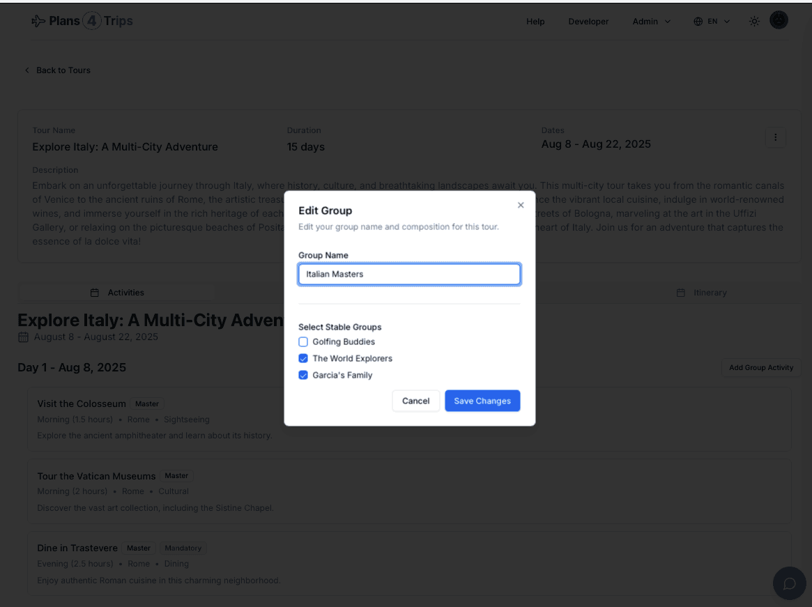 Finestra di dialogo per formare un Gruppo di Tour dalle Cerchie di Viaggio