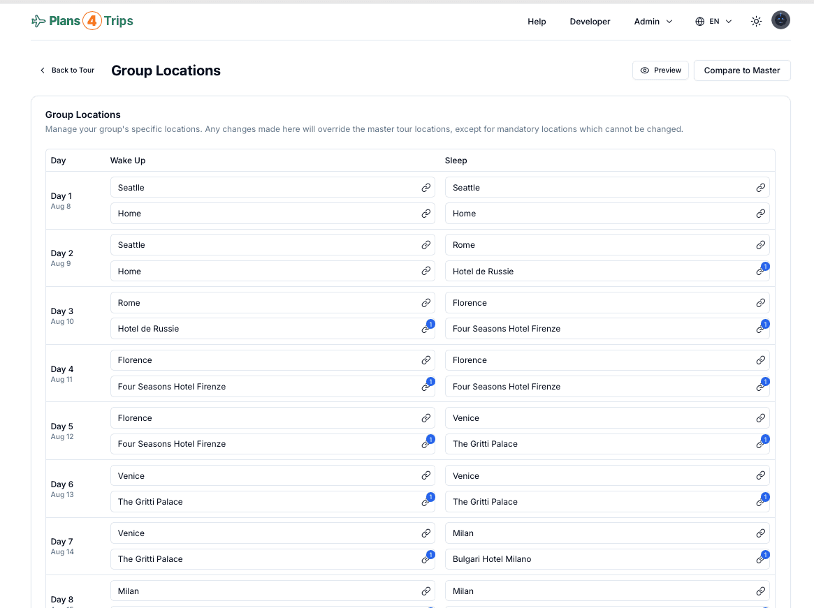 Interfaccia dell'Editor delle Località per gestire l'itinerario del gruppo
