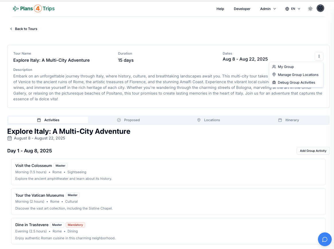 Menu del tour che mostra l'opzione Il Mio Gruppo